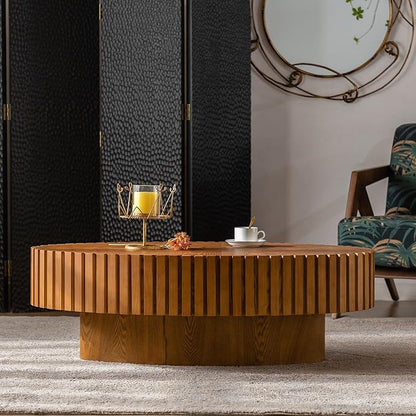 39.37 Inch Round Drum Coffee Table, Modern Handcraft Fluted Drum Coffee Table, Wooden Round Coffee Table Center Table with Sturdy Pedestal for Living Room Apartment (Wood Color)