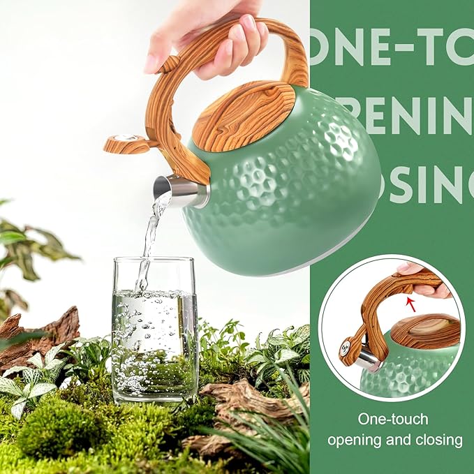 GGC Tea Kettle for Stove Top, Loud Whistling Kettle for Boiling Water Coffee or Milk, 3.1 Quart 3L Heavy Stainless Steel Green Tea Pot with Wood Pattern Handle, Unique Button Control Outlet