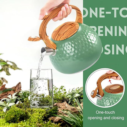 GGC Tea Kettle for Stove Top, Loud Whistling Kettle for Boiling Water Coffee or Milk, 3.1 Quart 3L Heavy Stainless Steel Green Tea Pot with Wood Pattern Handle, Unique Button Control Outlet