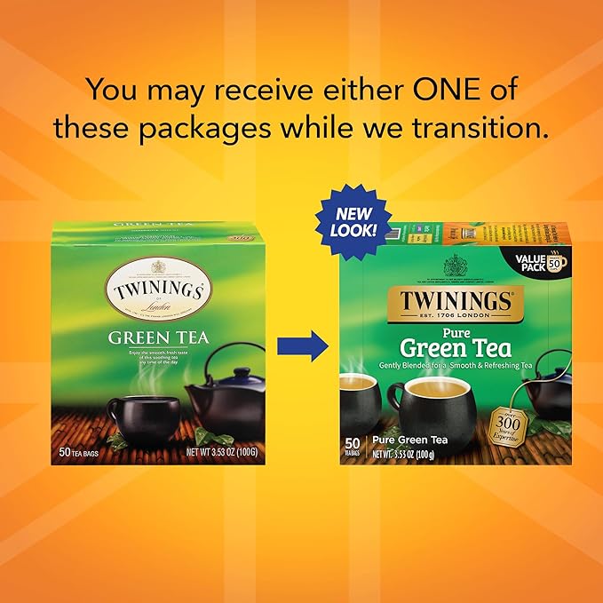 Twinings Pure Green Tea Individually Wrapped Bags, 50 Count (Pack of 6), Smooth Flavour, Enticing Aroma, Caffeinated, Enjoy Hot or Iced, 300 Teabags