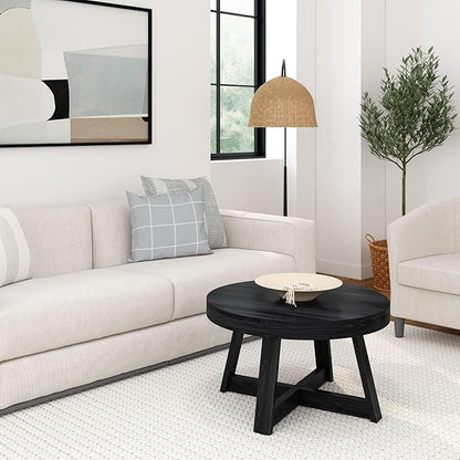 Plank+Beam Classic Round Coffee Table, 30 Inch Farmhouse Coffee Table, Mini Center Tables for Small Spaces, Small Living Space Tea Table, Black Wirebrush