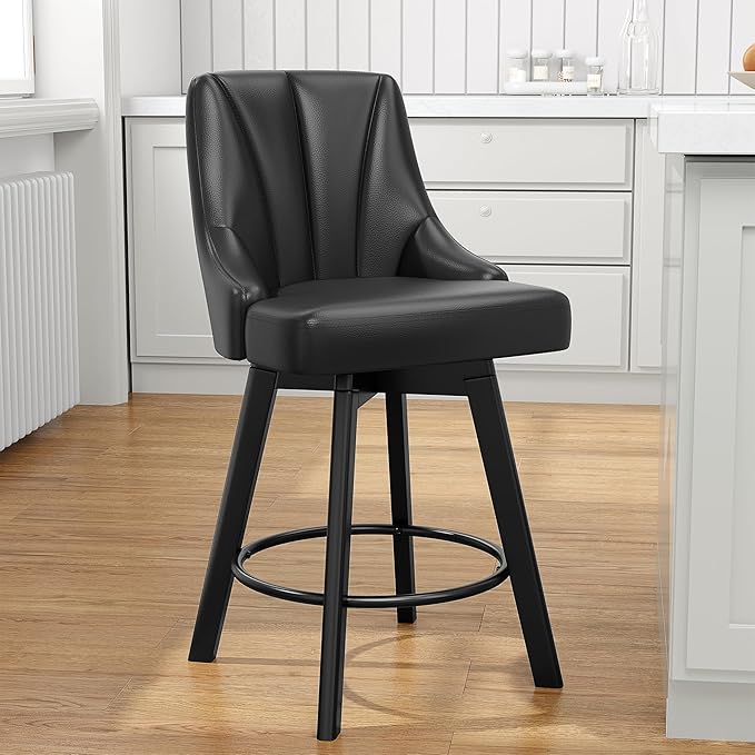 Swivel Bar Stools with Backs, 24" Counter Height Barstools, PU Leather Upholstered Counter Bar Stools with Solid Wood Legs for Kitchen Island, Home Bar, Black