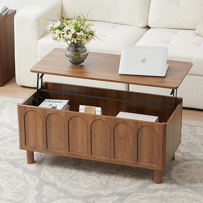 Lift Top Coffee Table with Arched Finish, Modern Coffee Table with Lifting Tabletop & Hidden Storage, Wood Center Table for Living Room,Convenient for Dining, Gaming or Working (Walnut)