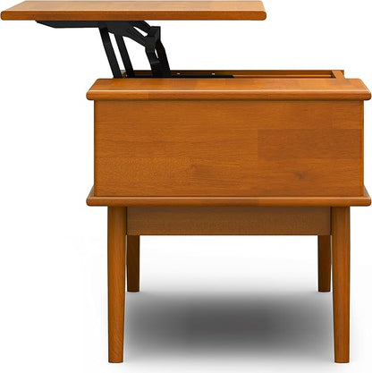 SIMPLIHOME Draper Lift Top Coffee Table - 48 inch Wide Solid Hardwood Mid-Century Modern Cocktail Table in Teak Brown, Functional Living Room Table with Storage Compartment, Open Shelf and Angled Legs
