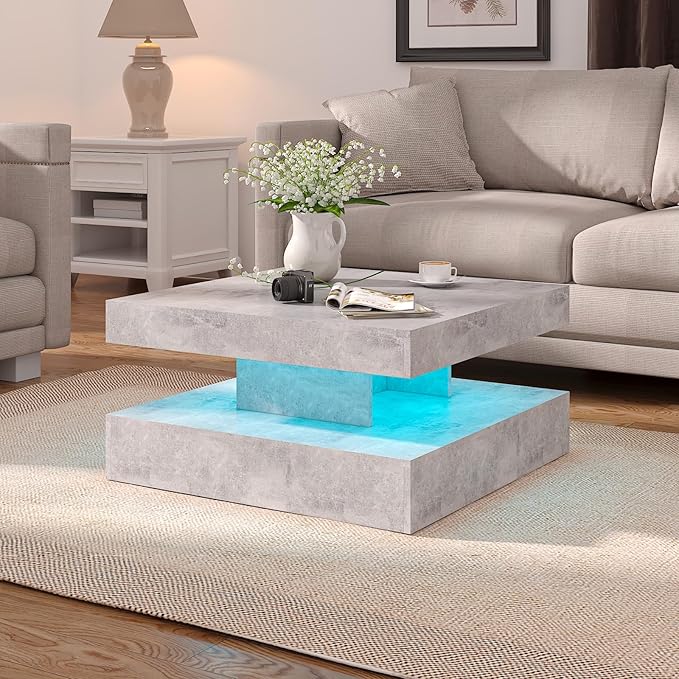 Grey LED Coffee Table for Living Room, Living Room Table 2-Tier Square Middle Center Table, Modern Coffee Tables with Storage, Contemporary Wood Tea Tables for Dining Reception