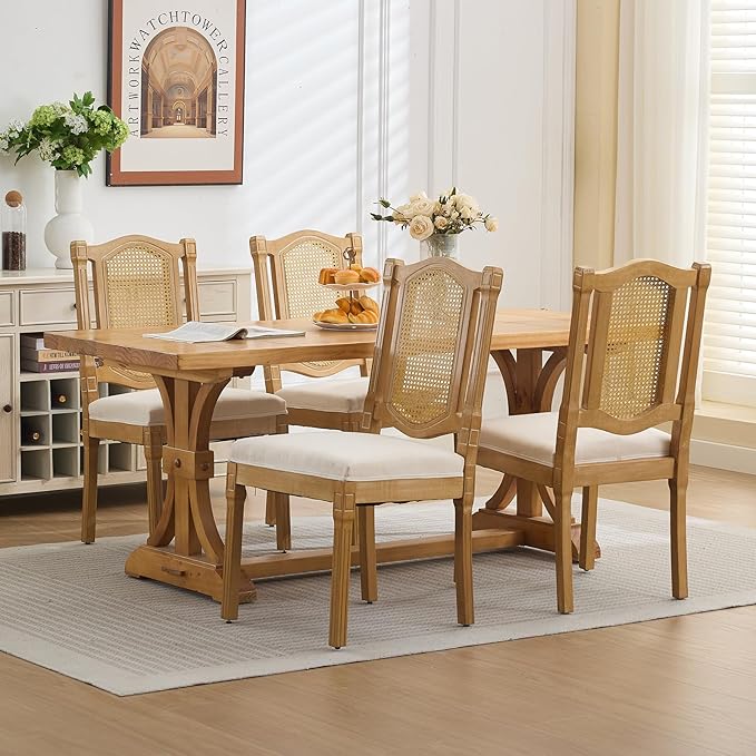 Vintage French Country Dining Chairs Set of 4, Rattan Dining Chairs with a Designer Backrest, Beige 4 Dining Chair Set, Sillas para Comedor, Kitchen & Dining Room Chair (Beige, Rattan, 4Pcs)