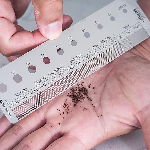 KRUVE Brewler Coffee Grind Ruler - Stainless Steel Coffee Bar Accessories for Home, Coffee Grind Size 200-1600 Microns, Green Bean Grading 11/64-20/64, 5.9 Inch Ruler, Conversion Chart, Magnetic Guide