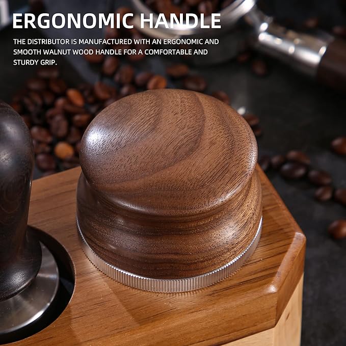 53mm Coffee Distributor, Espresso Distribution Tool, Adjustable Depth Espresso Tamper Leveler with Walnut Wood Handle Fits for 54mm Breville Barista Portafilter