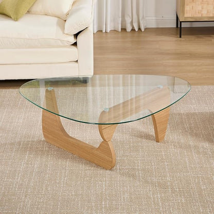 Modern Triangle Coffee Table, 44.5'x32'x16.5', Transparent Glass Top, Walnut Base