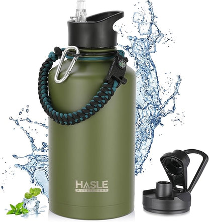 HASLE OUTFITTERS Half Gallon Insulated Water Bottles 64 oz, Stainless Steel Metal Water Jug with 2 Lids Keep Cold 48h/Hot 24h, Leak Proof & BPA-Free Water Flask Jug(Army Green,1)