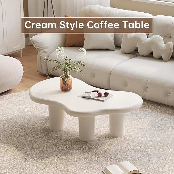 Cloud Coffee Table, Irregular Cream White Coffee Table with 4 Legs, Modern Center Table for Living Room, Indoor Tea Table, Easy Assembly