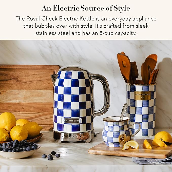 MACKENZIE-CHILDS Electric Kettle, Stainless-Steel Tea Kettle, Blue-and-White Royal Check
