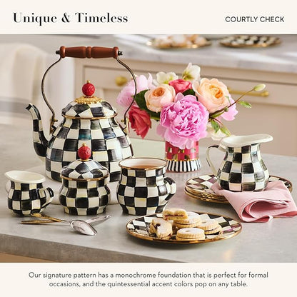 MACKENZIE-CHILDS Enamel Tea Kettle, Cute Kitchen Kettle for Stovetop, 3-Quart Capacity, Black-and-White Courtly Check with Bird Topper