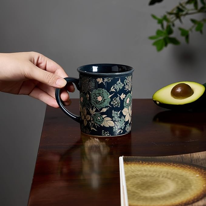 Coffee Mugs Set of 4, 12oz Ceramic Tea Cups with Floral Design, Hand wash only, Microwaveable, Gift Box, Perfect for Cappuccino, Latte, Hot Chocolate–Tazas Para Café Bonitas (Royal Bloom)