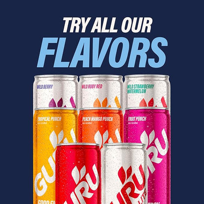 GURU Yerba Mate Organic Energy Drinks, Clean Energy Drink with Plant Based Natural Caffeine from Green Tea, Low Calorie, Gluten Free, 140mg Caffeine, Healthy Drinks, Acai Berry, 12oz (Pack of 24)