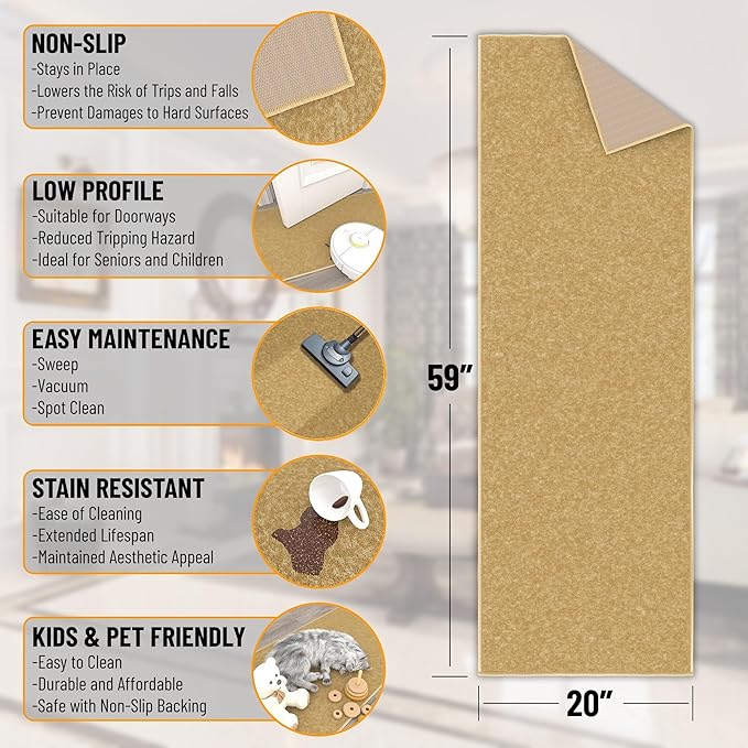 Ottomanson Hallway Runner Rug 20" x 59" Non Slip Solid Area Rugs Easy to Clean Laundry Rug Runner Durable & Pet Friendly Floor Carpet Runners for Hallways Entryway Living Room Kitchen, Beige