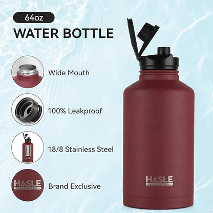 HASLE OUTFITTERS Half Gallon Insulated Water Bottles 64 oz, Stainless Steel Metal Water Jug with 2 Lids Keep Cold 48h/Hot 24h, Leak Proof & BPA-Free Water Flask Jug(Brick Red,1)