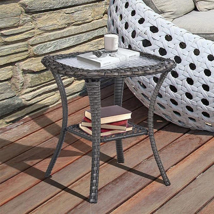 Patio Wicker Side Table, Outdoor PE Rattan End Table with 5mm Tempered Glass Top and 2-Tier Storage Shelf, 20" Square Coffee Table for Deck Porch Garden Backyard-Dark Brown