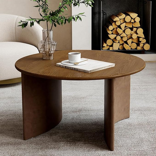 31.5″ Round Coffee Table, Walnut Circle Coffee Table with Curved Base, Solid Wood, Ideal for Living Room, Apartment, Compact Place