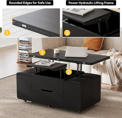 homary Black Lift-Top Coffee Table with Hidden Storage, 3-in-1 Modern Folding Center Table with 4 Stools, Casters, and Lockable Wheels – Convertible Dining & Office Table for Living Room