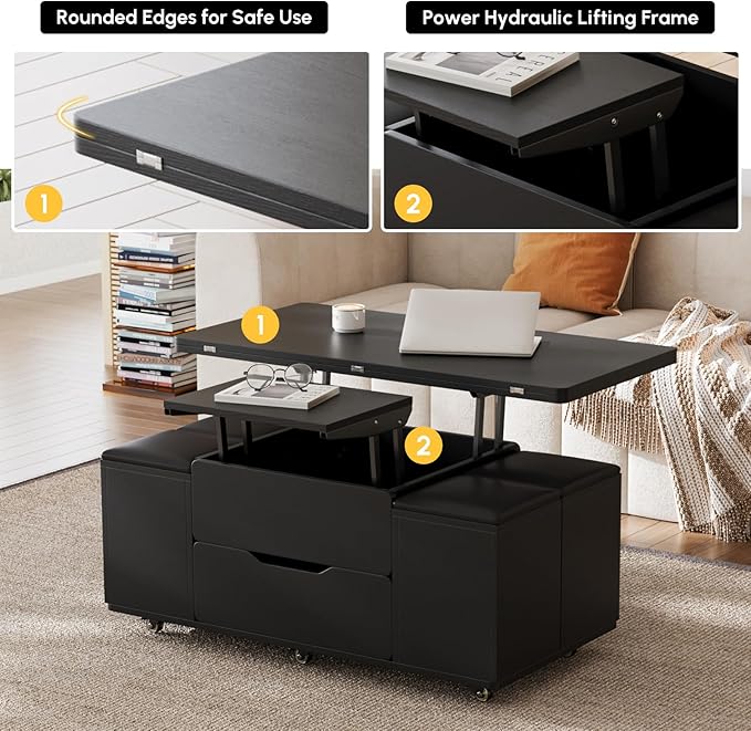homary Black Lift-Top Coffee Table with Hidden Storage, 3-in-1 Modern Folding Center Table with 4 Stools, Casters, and Lockable Wheels – Convertible Dining & Office Table for Living Room