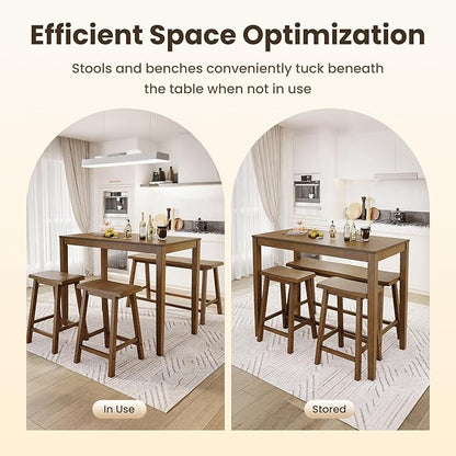 PHI VILLA Dining Table Set for 4, Counter Height Dining Table with 2 Chairs and 1 Bench, Solid Wood Table Sets for Farmhouse, Rustic Kitchen and Dining Room Table Set with Chairs, Rustic Caramel