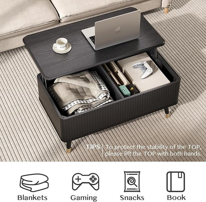 Lift Top Coffee Table with Storage Shelf & Hidden Compartment, Mid Century Modern Fluted Rectangle Dining Table for Living Room, Home Office,Black