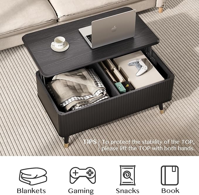 Lift Top Coffee Table, Mid Century Modern Coffee Table with Hidden Compartment, Fluted Lift Tabletop Center Table for Living Room, Home Office, Black