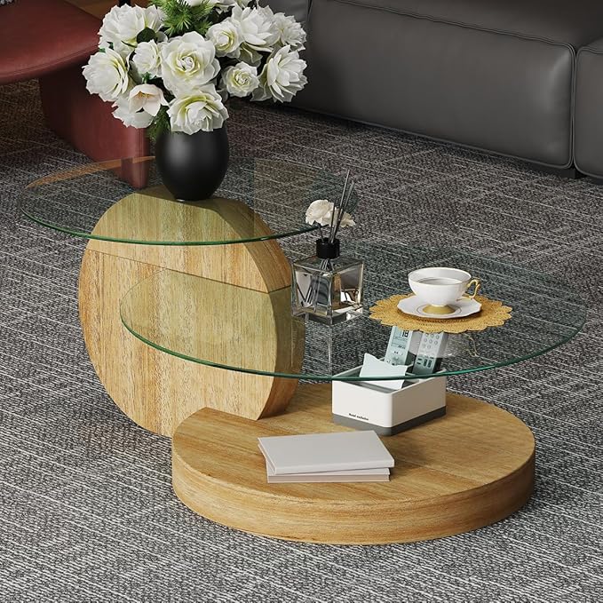42 Inch Glass Coffee Table，Round Coffee Table with 2-Tier Tempered Glass Tabletop，Easy to Clean Circle Coffee Table with Sturdy Base for Living Room，Office （Wood-Colored Base）