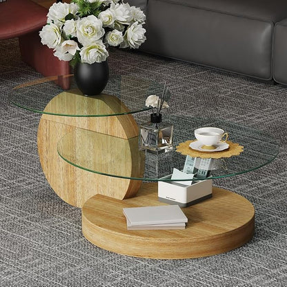 42 Inch Glass Coffee Table，Round Coffee Table with 2-Tier Tempered Glass Tabletop，Easy to Clean Circle Coffee Table with Sturdy Base for Living Room，Office （Wood-Colored Base）
