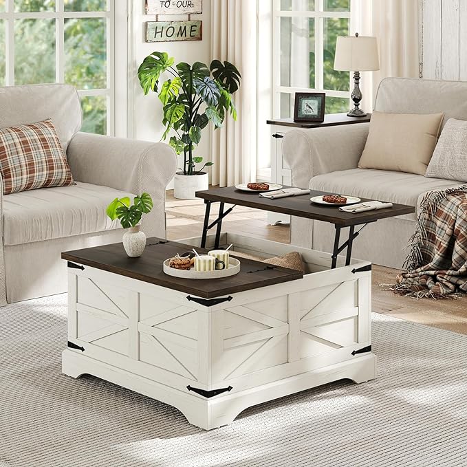 Furnideco Farmhouse Lift Top Coffee Table, Square Wood Center Table with Large Hidden Storage Compartment for Living Room, Rustic Cocktail White Modern Table with Hinged Lift Top, Brown Top
