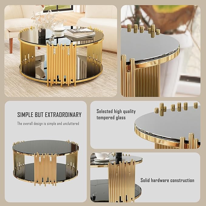 Round Coffee Table with Gold Stainless Steel Base, 2-Tier Black Glass Coffee Table Center Table, Modern Coffee Table Circular Living Room Table Cocktail Tables, Circle Center Tables