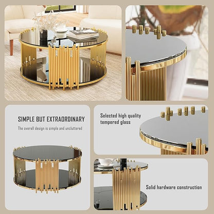 Round Coffee Table with Gold Stainless Steel Base, 2-Tier Black Glass Coffee Table Center Table, Modern Coffee Table Circular Living Room Table Cocktail Tables, Circle Center Tables