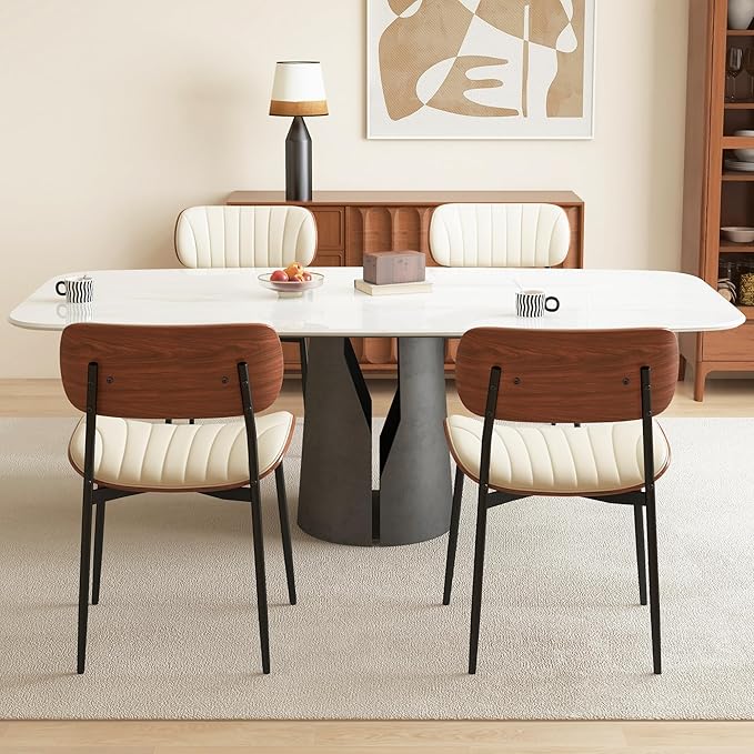 Modern PU Leather Dining Room Chairs Set of 2, Upholstered Kitchen Chairs with Curved Wood Backrest and Metal Legs Adjustable Feet for Kitchen Dining Room(Beige)