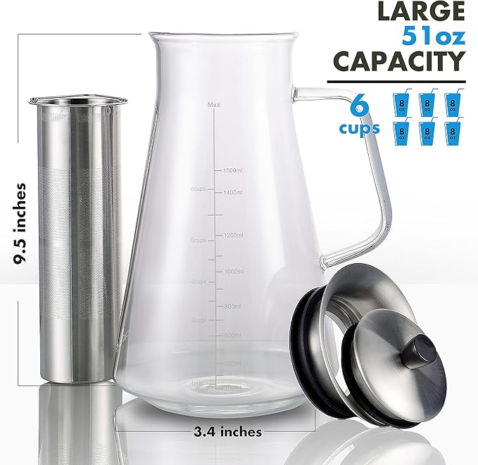Aquach Airtight Cold Brew Coffee (Iced Tea) Maker 51oz/1.5L, BPA-Free, Durable Borosilicate Glass Pitcher and Stainless Steel Fine-Mesh Filter, Dishwasher Safe, Spill-proof, 6 Cups Capacity