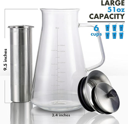 Aquach Airtight Cold Brew Coffee (Iced Tea) Maker 51oz/1.5L, BPA-Free, Durable Borosilicate Glass Pitcher and Stainless Steel Fine-Mesh Filter, Dishwasher Safe, Spill-proof, 6 Cups Capacity