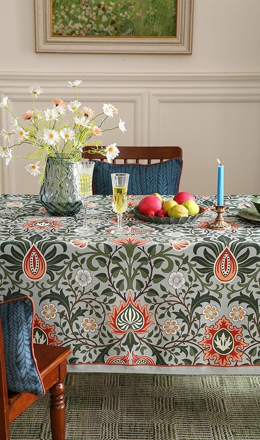 Designer Bohemian Linen Green Small Square Tablecloth,Floral Indoor Table Cloth,Stain Resistant Home Decor Tablecloths for Dining Thanksgiving Kitchen Party Christmas,67"*67"-Naples