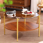 Load image into Gallery viewer, Round Glass Coffee Tables, Mid Century Center Table with Brown Glass Top, Solid Brown Storage Shelf and Sturable Gold Legs for Small Space, Office, Department, Living Room