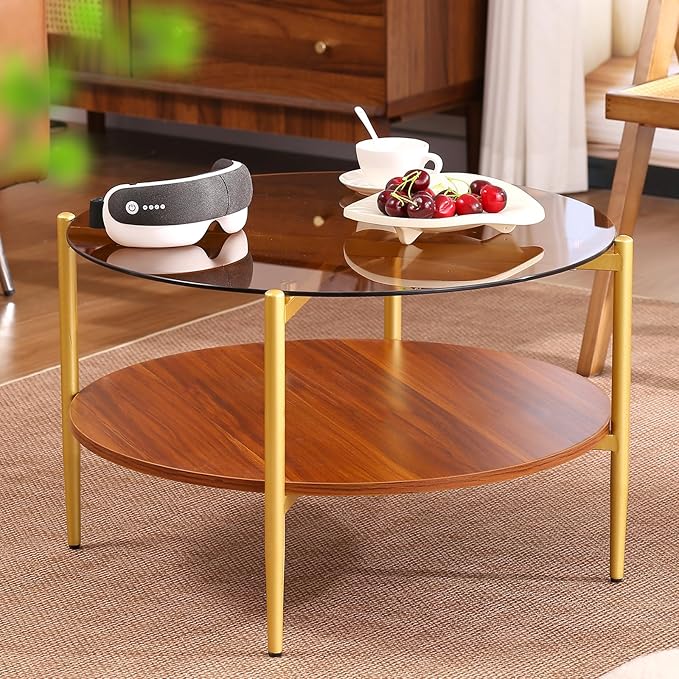 Round Glass Coffee Tables, Mid Century Center Table with Brown Glass Top, Solid Brown Storage Shelf and Sturable Gold Legs for Small Space, Office, Department, Living Room