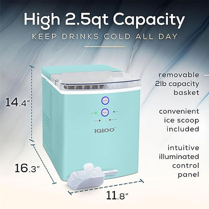 Igloo Electric Countertop Ice Maker Machine - Automatic and Portable - 33 Pounds in 24 Hours - Ice Cube Maker - Ice Scoop and Basket - Ideal for Iced Coffee and Cocktails - Aqua