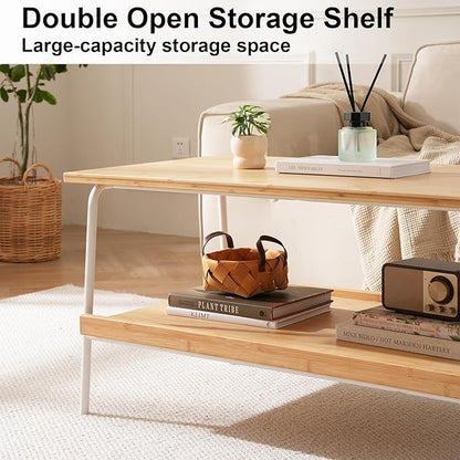 Coffee Table with 2 Tier Storage- Farmhouse Bamboo Coffee Tables, Mid Century Modern Center Table, Tea Tables for Living Room, Bedroom, Office, Patio (Natural)