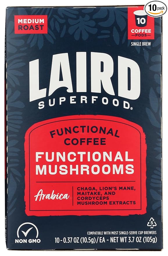 Laird Superfood K-Cups with Functional Mushrooms – Medium Roast, 10ct - Made with Organic Extracts of Chaga Mushrooms, Lion’s Mane, Maitake, and Cordyceps Functional Mushrooms