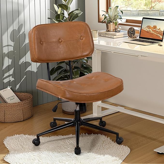 Armless Office Chair with Wheels, Adjustable Height Desk Chair Leather Swivel Computer Chair, Modern Walnut Office Side Chair for Meeting Room Office, Brown