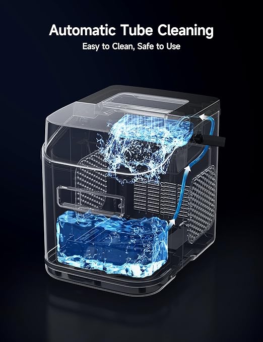 HiCOZY Clear View Ice Maker Countertop, Self-Cleaning Ice Machine with Ambient Lights, Ice in 6Mins, 26 lbs/Day, 2 Sizes of Bullet Ice for Apartment/Kitchen/Office/Home Bar(Black)