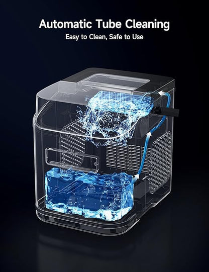 HiCOZY Clear View Ice Maker Countertop, Self-Cleaning Ice Machine with Ambient Lights, Ice in 6Mins, 26 lbs/Day, 2 Sizes of Bullet Ice for Apartment/Kitchen/Office/Home Bar(Black)