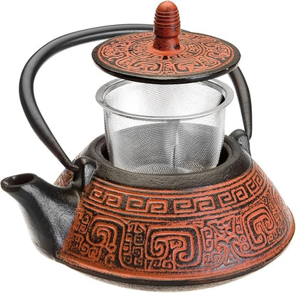 IBILI 40 Oz India Red Floral Cast Iron Teapot | Made in Spain | Stainless Steel Infuser, Enameled Interior, Stovetop & Induction Compatible, Japanese Kettle for Loose Leaf Tea, Tetsubin Design, Red
