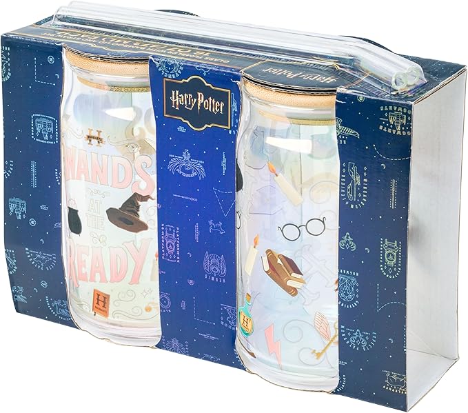 Silver Buffalo Harry Potter Iconic Icons Pattern Wands at the Ready 2 Pack Glass Jar Tumbler with Bamboo Lid and Glass Straw, 16 Ounces