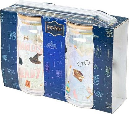 Silver Buffalo Harry Potter Iconic Icons Pattern Wands at the Ready 2 Pack Glass Jar Tumbler with Bamboo Lid and Glass Straw, 16 Ounces
