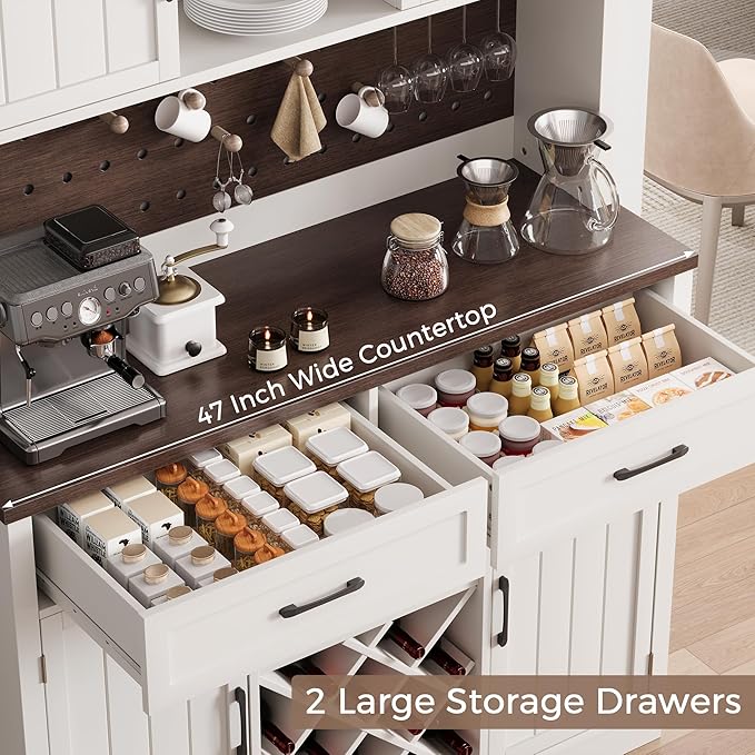 72" Coffee Bar Cabinet with Power Outlet & LED Light, Farmhouse Large Kitchen Hutch with Sliding Barn Door, Tall Bar Cabinets with Storage Drawers & Wine Glass Rack,Pantry China Cabinet for Home,White