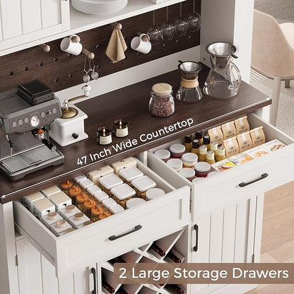 72" Coffee Bar Cabinet with Power Outlet & LED Light, Farmhouse Large Kitchen Hutch with Sliding Barn Door, Tall Bar Cabinets with Storage Drawers & Wine Glass Rack,Pantry China Cabinet for Home,White